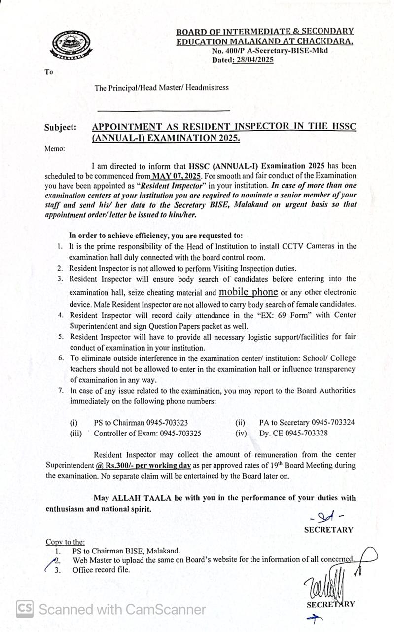Appointment as Resident Inspector in t