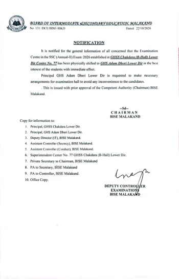 Center Shifted from GHSS Chakdara B Hall to GHS Adam Dheri Dir Lower