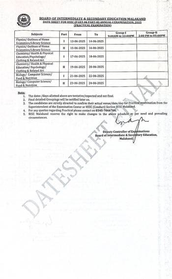 Date Sheet for HSSC (Part-I & Part-II)