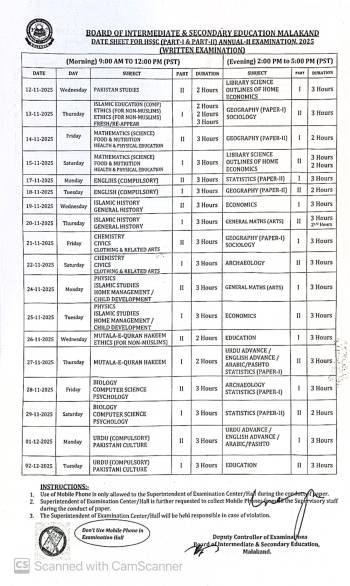 Date Sheet: HSSC Annual-II Examination