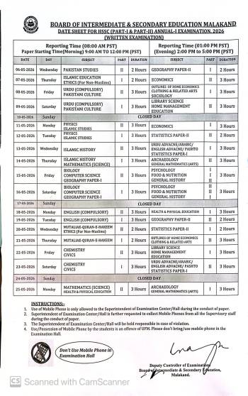 Date Sheet HSSC Annual-I 2026