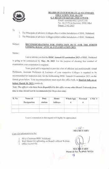 Recommendations for Inspection Duty fo